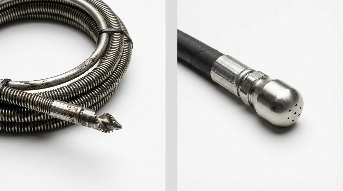 Drain snake cable and hydro jetting nozzle used for drain cleaning in Greensboro, MD