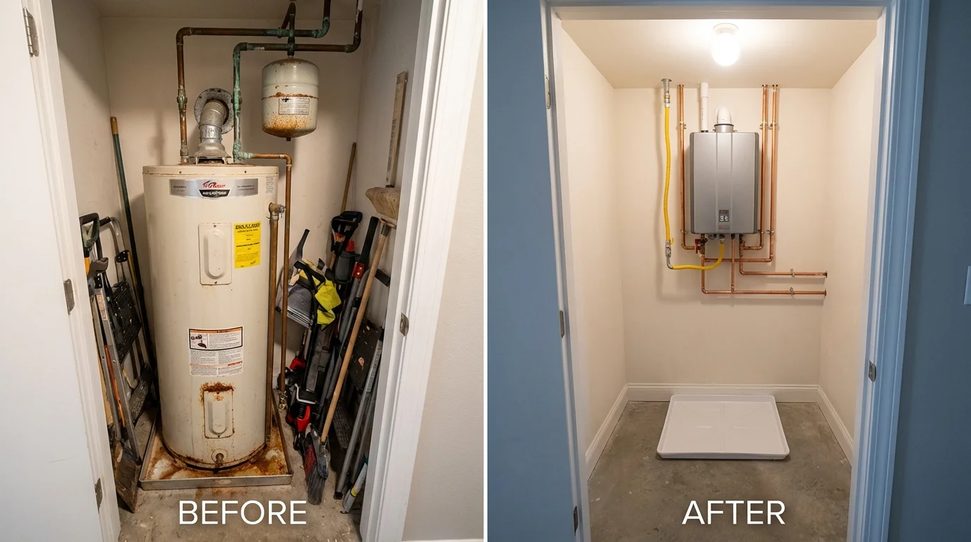 Tank water heater versus wall-mounted tankless unit comparison for Greensboro, MD homeowners