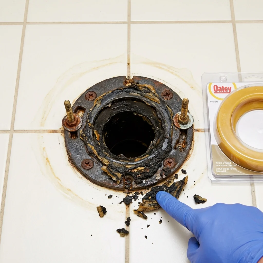 Failed wax ring showing water seepage at the base of a toilet in a Greensboro, MD home