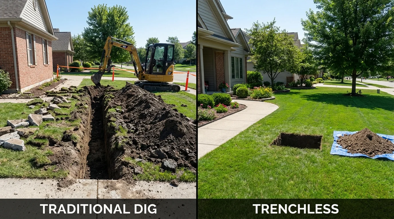 Trenchless sewer repair with minimal yard damage versus traditional excavation in Greensboro, MD