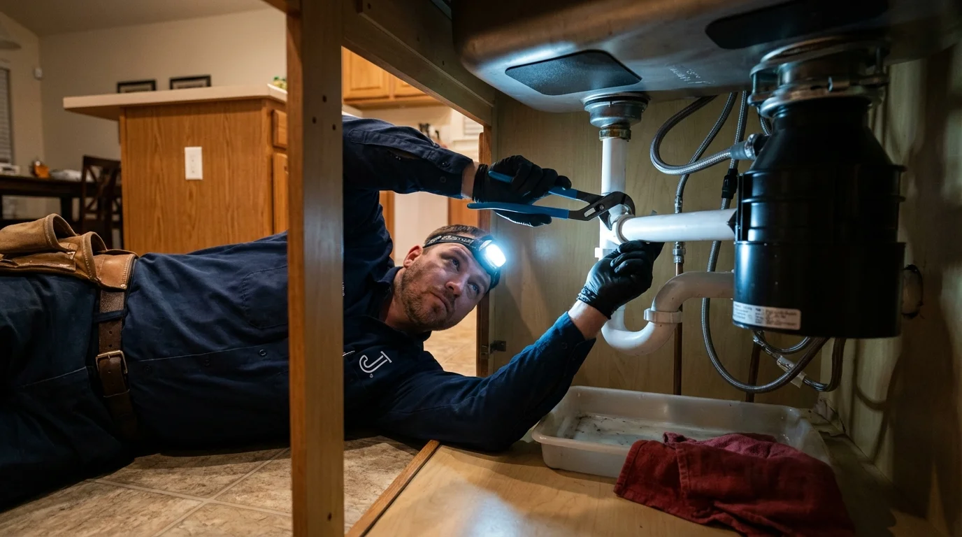 P-trap and supply line connections under a kitchen sink showing a common leak point in Greensboro, MD